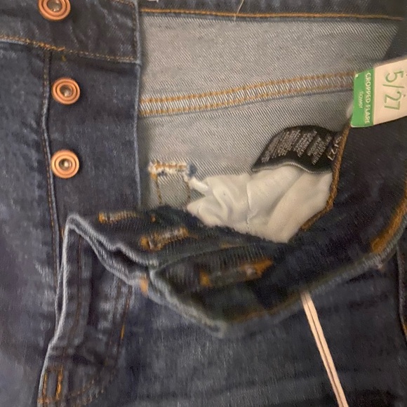 RE Generation High Rise Cropped Flare “Flower” Distressed Jeans, Dark Denim, - Picture 7 of 16